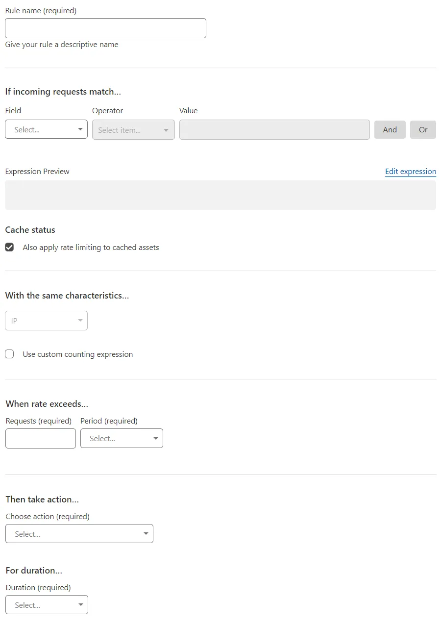 The Create rate limiting rule page in the Cloudflare dashboard